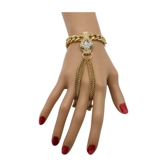New Women Gold Fashion Bracelet Metal Hand Chain Connected Ring Bling Snake Head - Picture 1 of 17